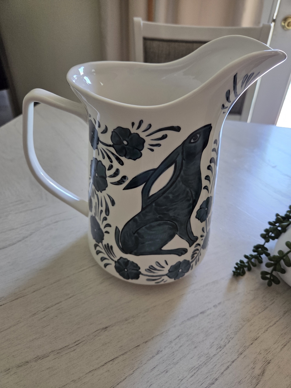 Stoneware Pitcher Painted Rabbit and Florals Blue and Cream